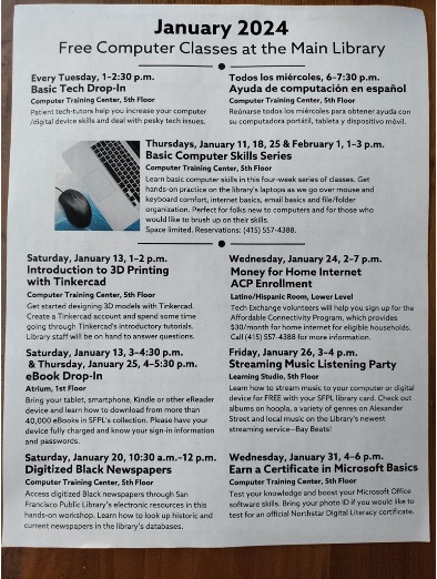 January 2014 free computer classes at the main library.