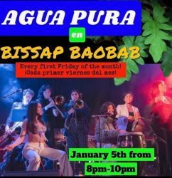 A poster with the words aqua pura and bissap baba.