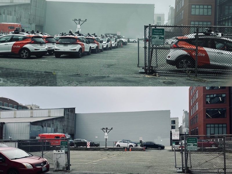 Two pictures of cars parked in front of a building.