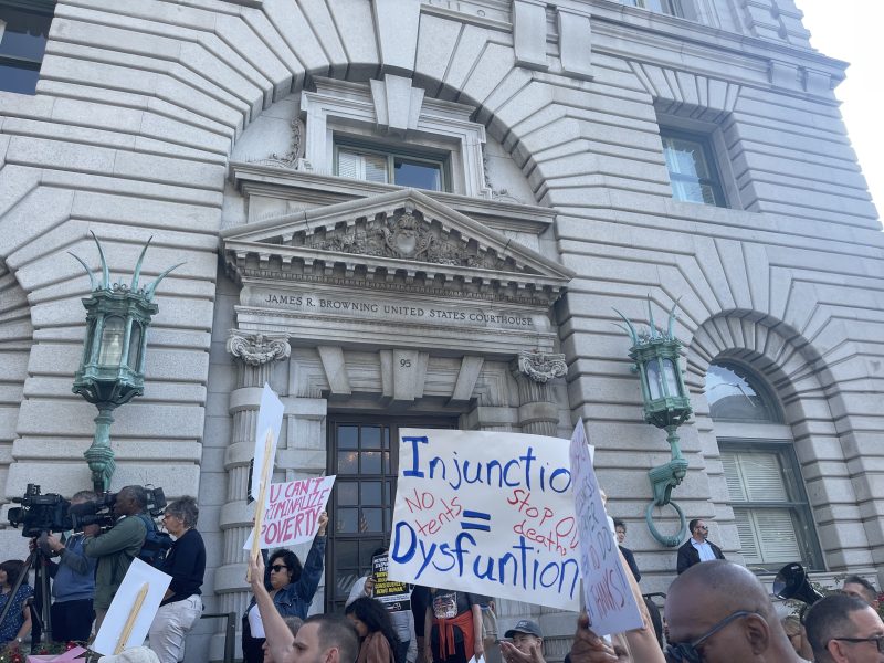 Protestors crowd around James R. Browning Courthouse to express their reactions to the controversial injunction imposed by Judge Ryu.