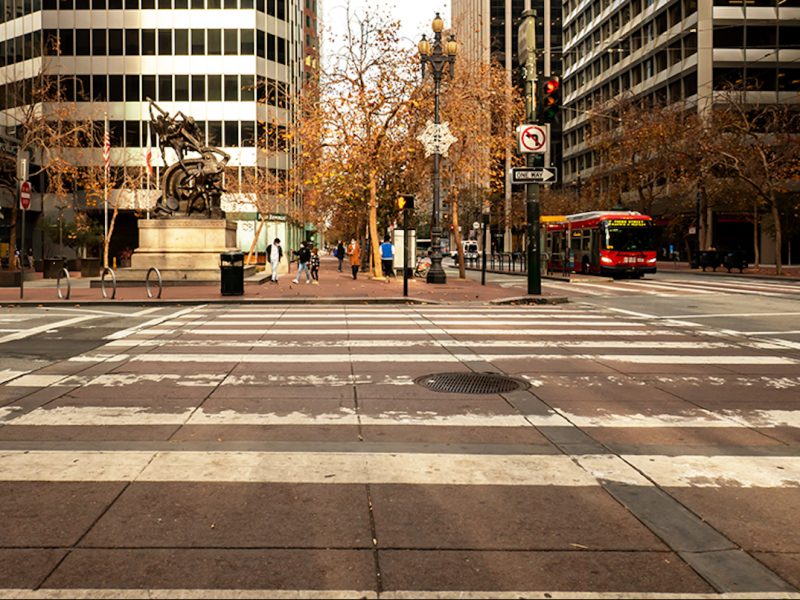 A picture pf the empty streets at downtown San Francisco