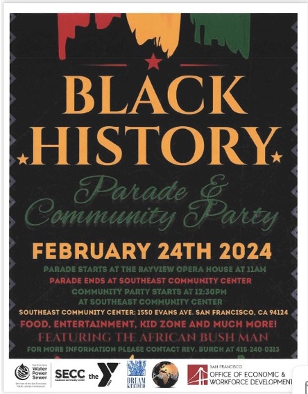 A poster for the black history parade and community party.