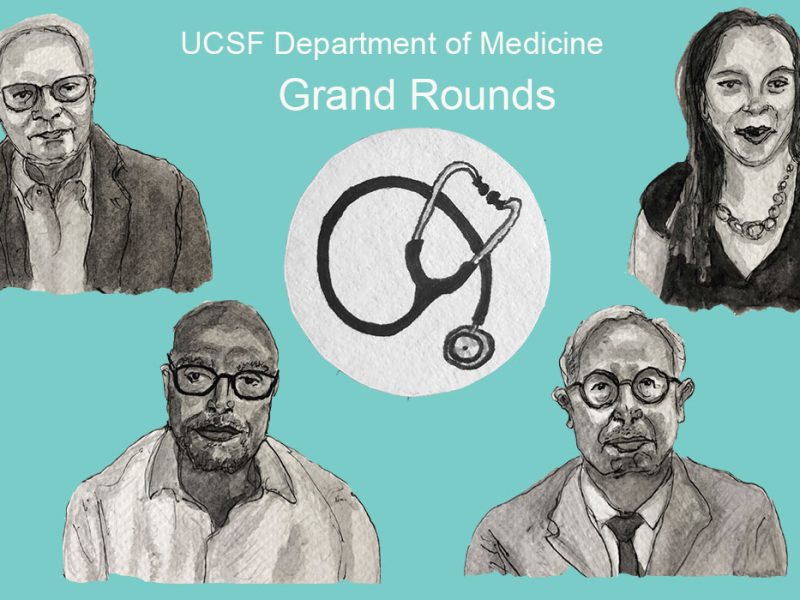 A sketch of four doctors in each corner. In the center is a stethoscope. They talk about Covid-19 lessons.