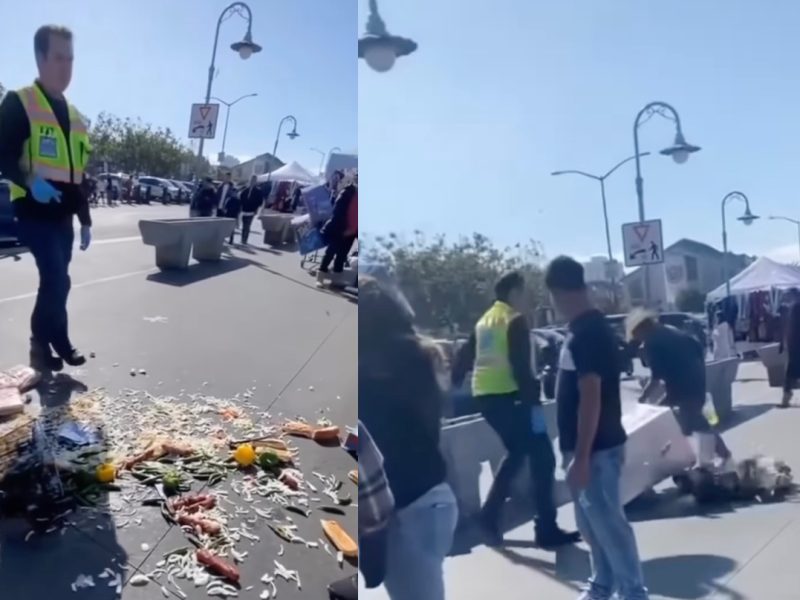 The video uploaded via Instagram shows a city works employee intentionally shoving a vendor's cart over, sending all the goods spilling onto the floor.