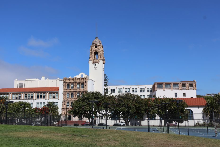 Mission High School with Mission Dolores park in the foreground