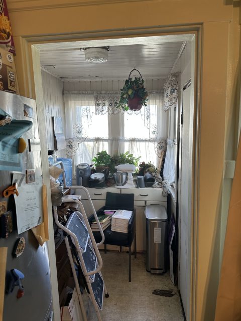 A kitchen with a refrigerator and a sink.