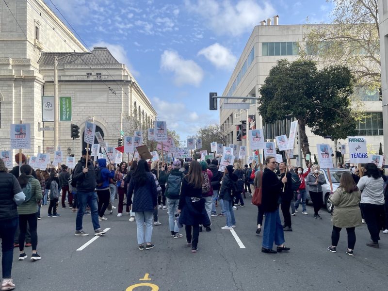 Teachers block the street