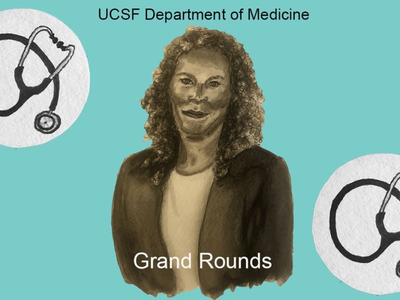 An illustration of Dr. Chinazo Cunningham, wearing a blazer and lipstick. She has curly hair. In the top left and bottom right corners are images of a stethoscope, and the words Grand Round appears in the bottom center.
