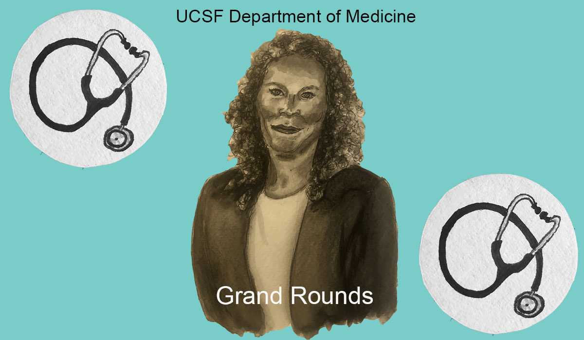 An illustration of Dr. Chinazo Cunningham, wearing a blazer and lipstick. She has curly hair. In the top left and bottom right corners are images of a stethoscope, and the words Grand Round appears in the bottom center.