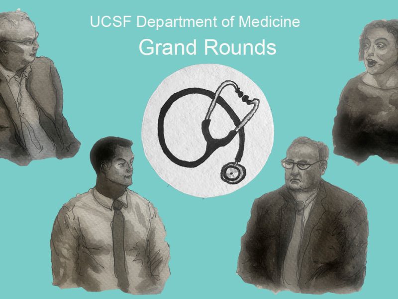 An illustration of four doctor profiles, each relegated to one corner and orbiting an image of a stethoscope.