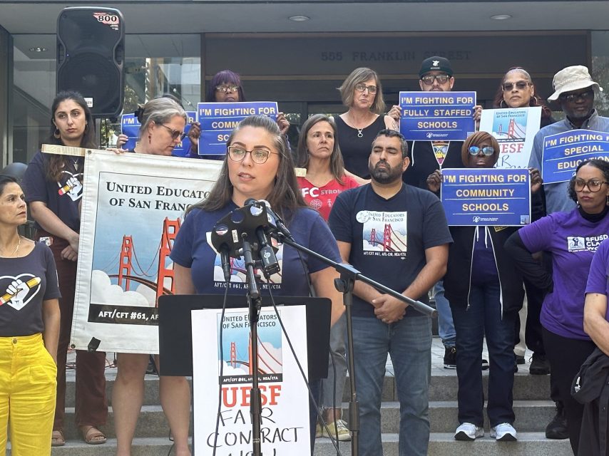 Cassondra Curiel, president of United Educators of San Francisco, at a press conference outside the school district on Thursday, Oct. 12, 2023.