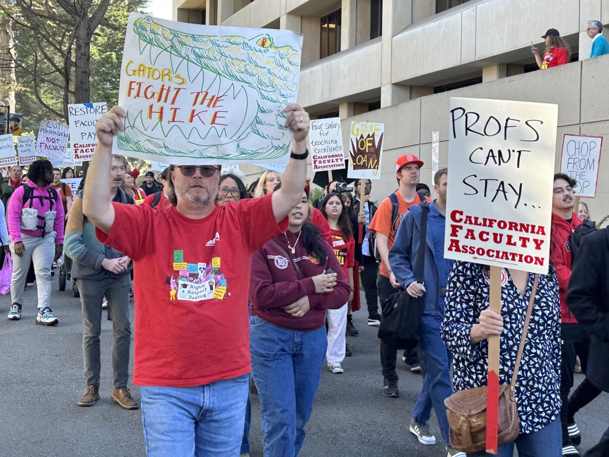 A group of faculty and students marching on San Francisco State University campus on Thursday, Oct. 26, 2023.