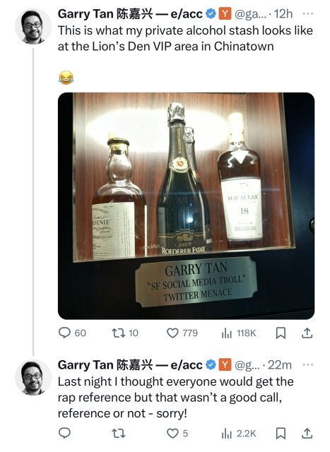 A Jan. 27, 2024, post on X from Garry Tan showing a private liquor cabinet, with an apology below: "Last night I thought everyone would get the rap reference but that wasn't a good call, reference or not - sorry!"