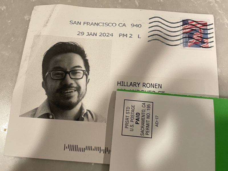 An envelope sent to Supervisor Hillary Ronen bearing Garry Tan's face, with the threatening message inside.