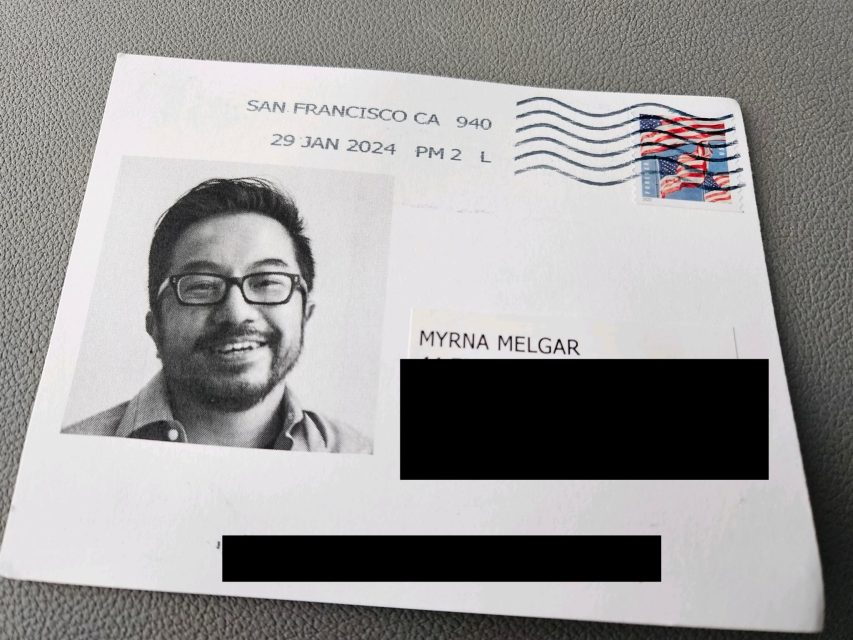 An envelope addressed to District 7 Supervisor Myrna Melgar bearing Y Combinator CEO Garry Tan's face, containing a threatening letter.