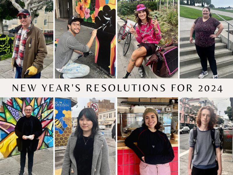 Eight San Franciscans posing for photos for their new year's resolutions.