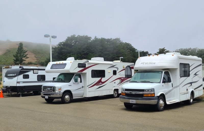 RVs parked in a lot outside the jail