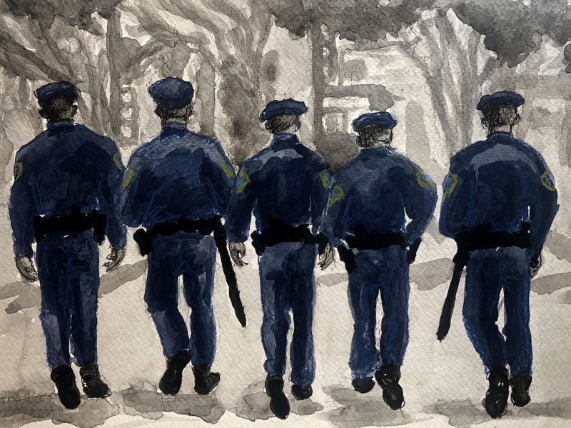 illustration of five police officers with their back to us walking down a street