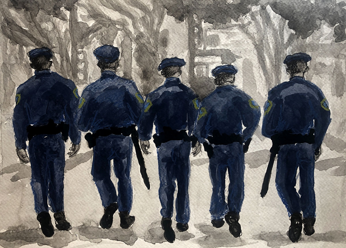 illustration of five police officers with their back to us walking down a street