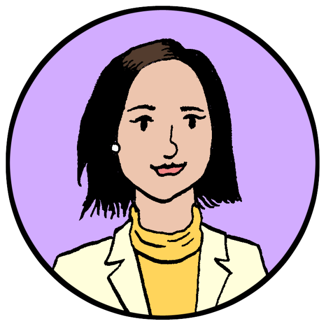 An illustration of Connie Chan, a woman in a blazer.
