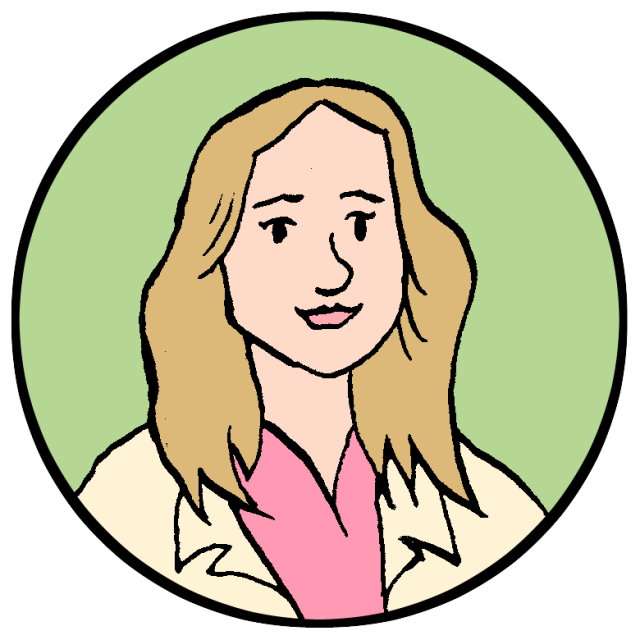 An illustration of Jen Nossokoff, a woman in a lab coat.