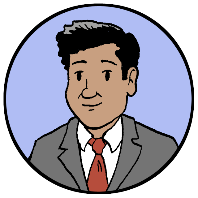 An illustration of Sherman D'Silva, a man in a suit and tie.