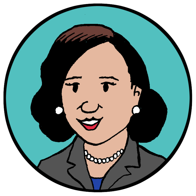 A cartoon of a woman in a business suit.