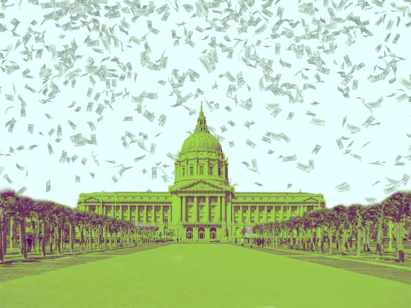 San Francisco City Hall lit up in emerald with dollar bills raining down