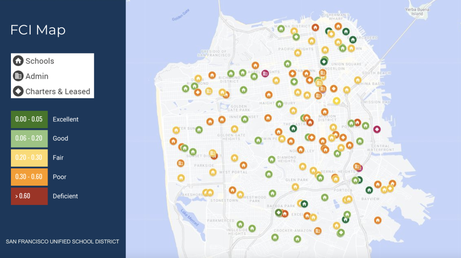 A map of school facility condition index in San Francisco Unified School District.