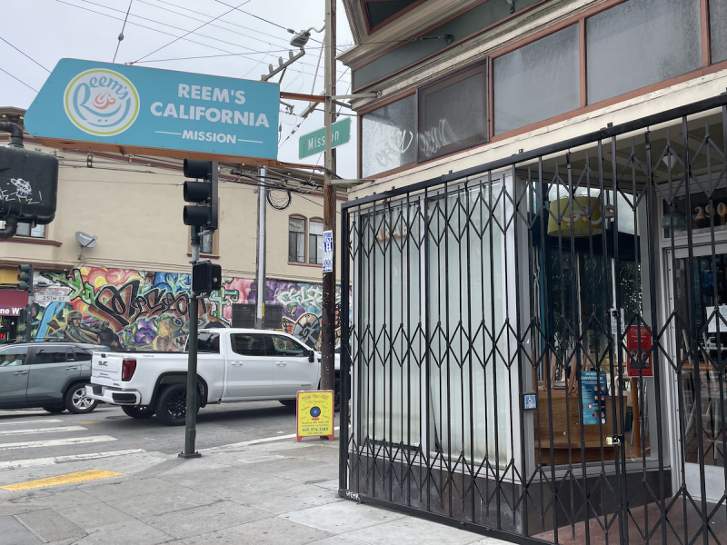 The Mission street storefront of Reem's. It is currently closed and gated off.