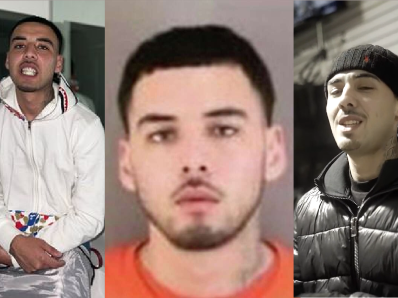 Composite image of Javier Campos, left to right: Him wearing a white hoodie white teeth barred, him in an orange suit as part of a booking photo, him in a black parka and beanie.