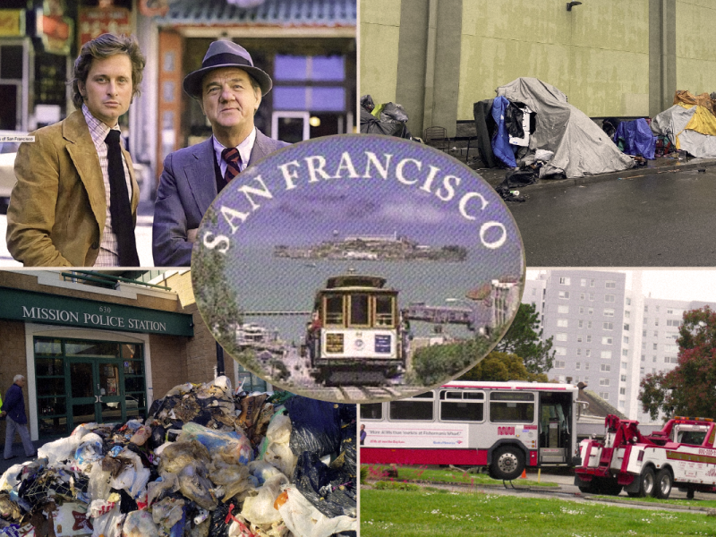 A postcard of San Francisco featuring trash, tents, and a broken down bus.
