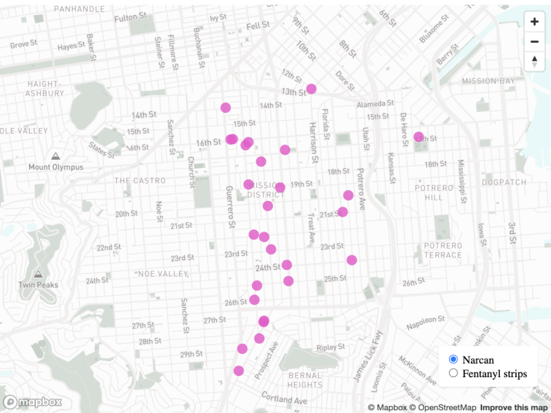 A grid map of where to get fentanyl test strips and Narcan at bars in the Mission District.