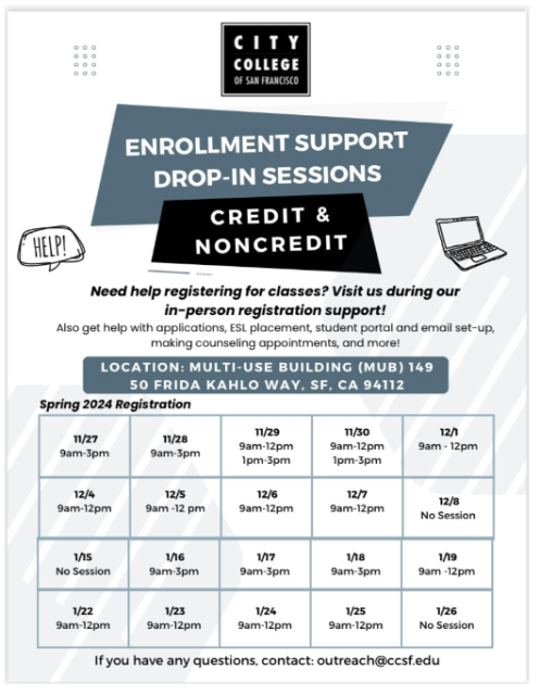 A flyer for the city college enrollment support drop-in sessions.