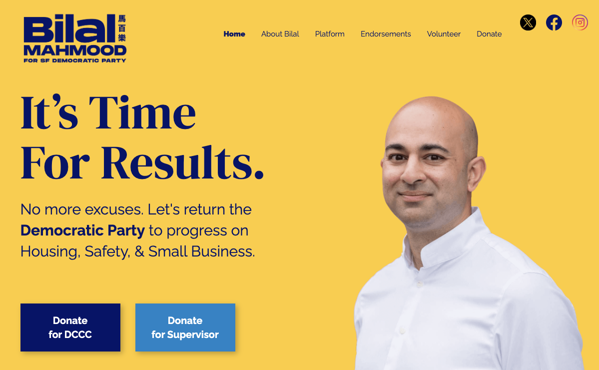The front page of Bilal Mahmood's dual purpose website showing donate buttons for both campaigns.